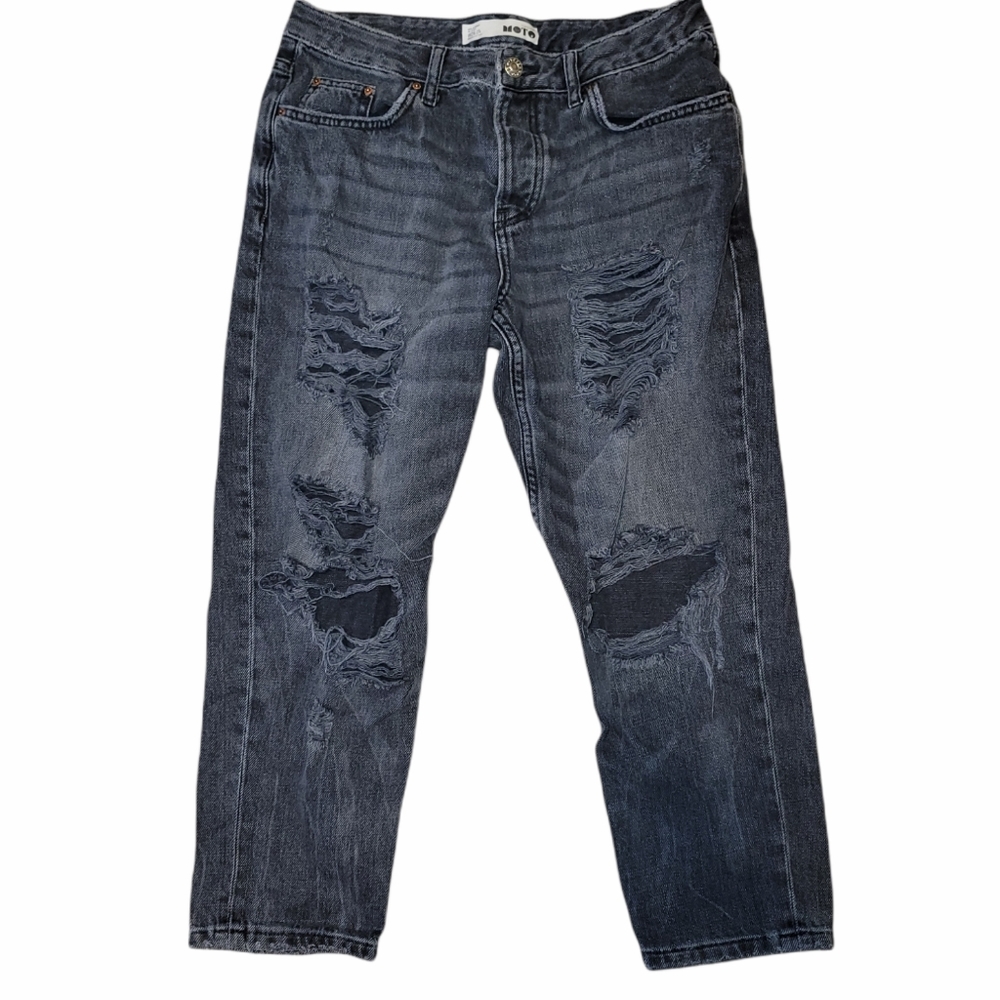 Moto Distressed Ripped Ankle Jeans in Faded Black and Gray sz 26